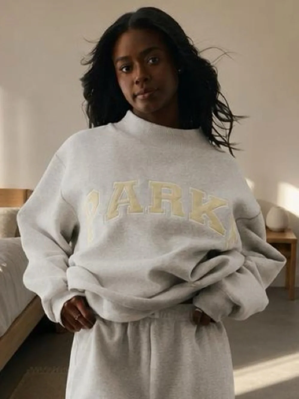 Parker Light Gray Crewneck Sweatshirt with Pale Yellow Appliqué
